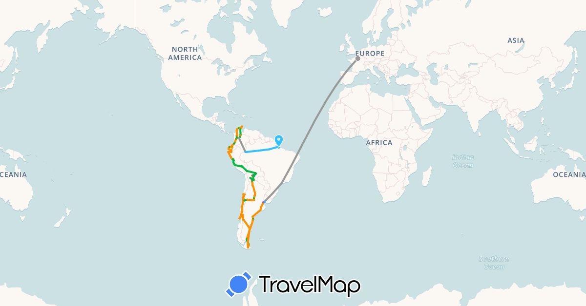 TravelMap itinerary: driving, bus, plane, train, hiking, boat, hitchhiking in Argentina, Bolivia, Brazil, Chile, Colombia, Ecuador, France, Peru, Uruguay (Europe, South America)